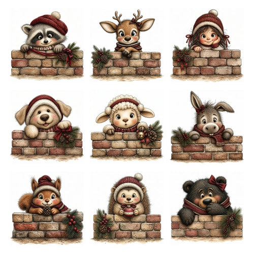 Whimsical watercolor burgundy Christmas peekers clipart bundle featuring cute holiday animals and festive characters in playful peeking poses with rich burgundy winter accessories and charming seasonal details in high-quality PNG and JPG formats, perfect for Christmas cards, invitations, stickers, scrapbooking, holiday crafts, and commercial digital designs.