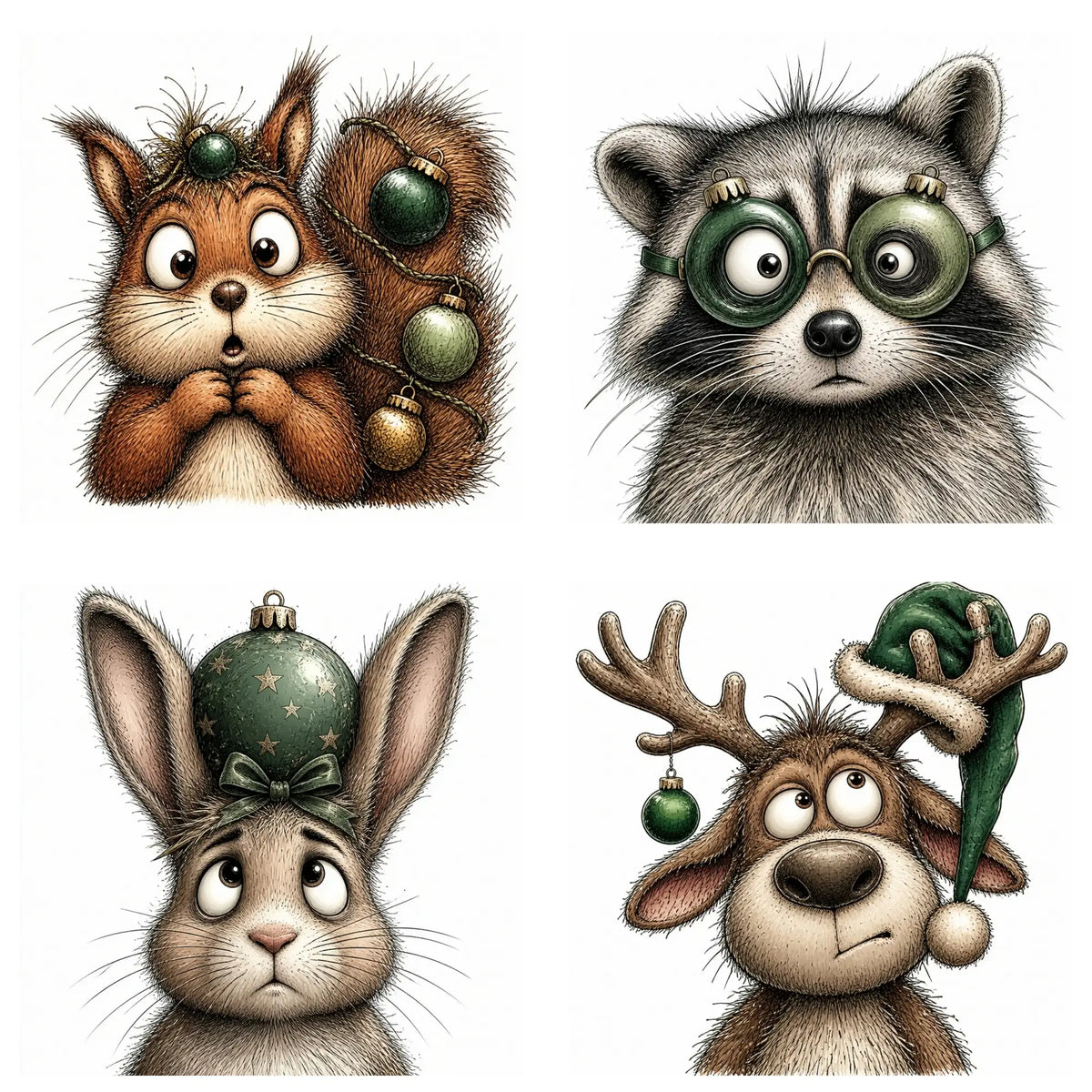 Green Christmas Animal Portrait Clipart