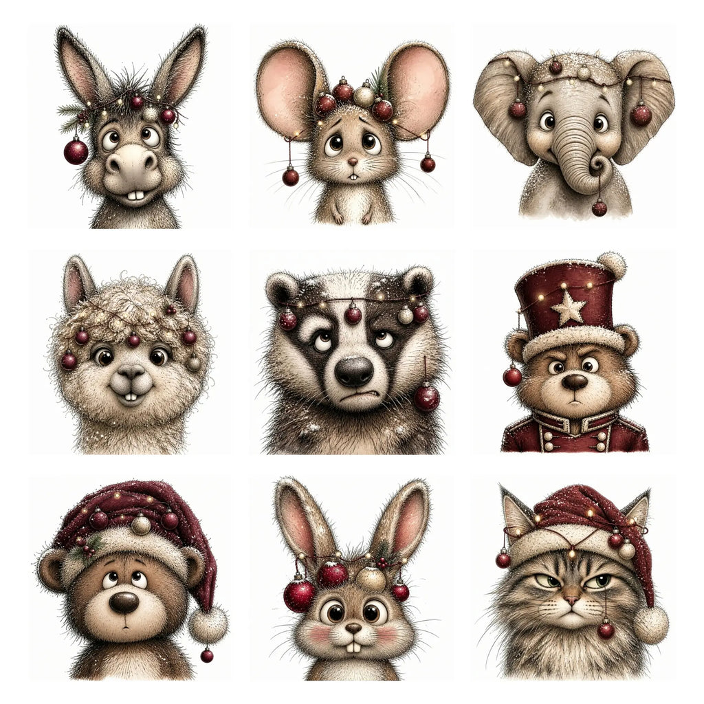 Burgundy Christmas Animal Portrait Clipart