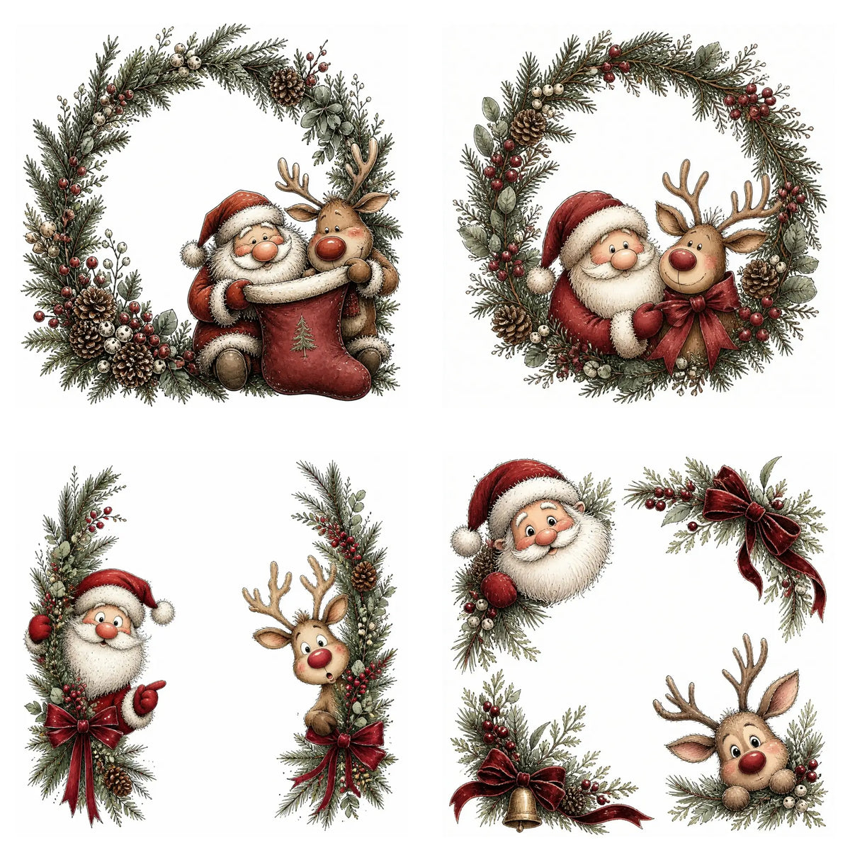 Burgundy Santa & Reindeer Christmas Frames & Wreaths Clipart