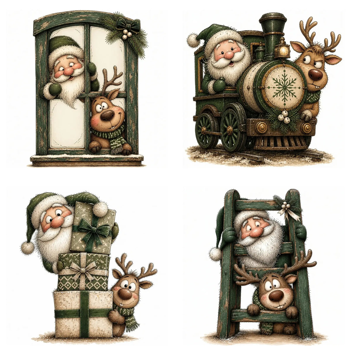 Green Santa & Reindeer Peeking Christmas Clipart