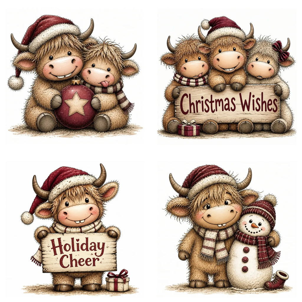 Burgundy Christmas Highland Cow Clipart