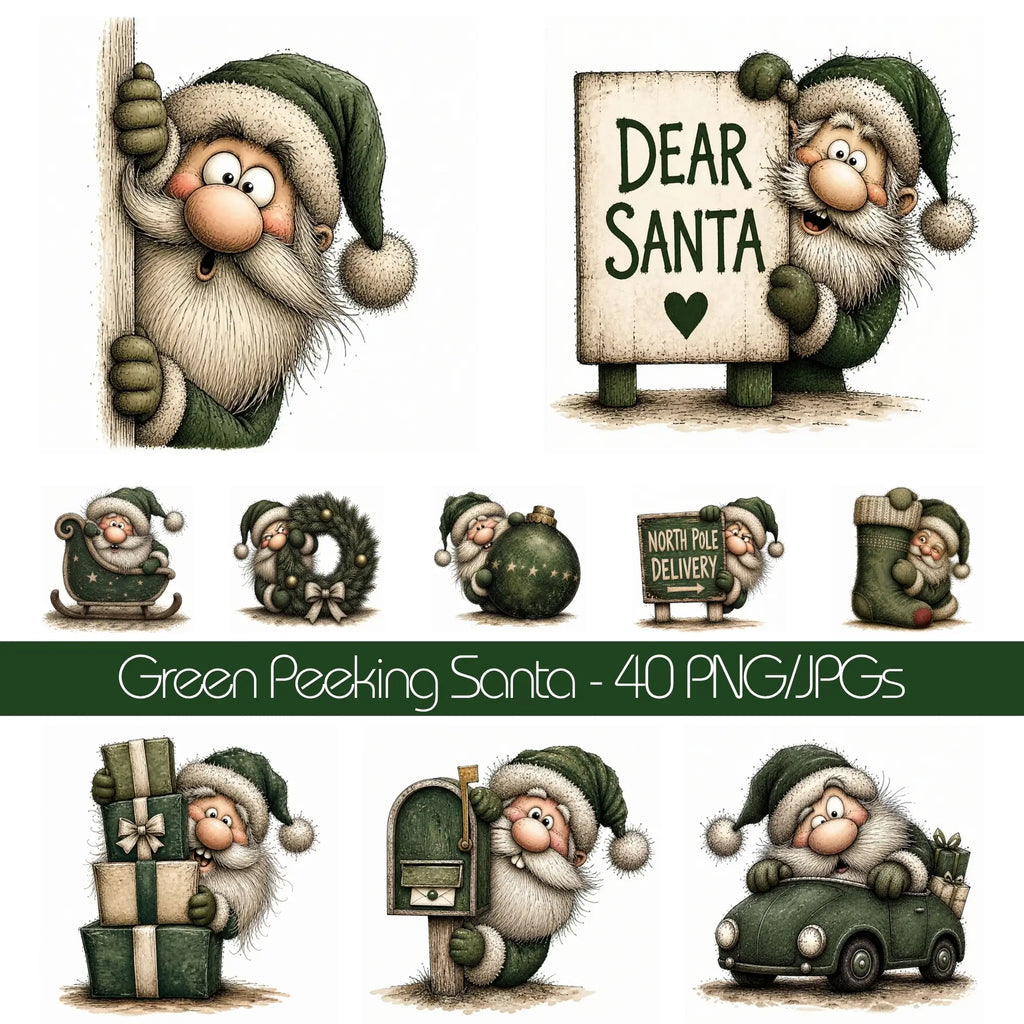 Green Peeking Santa Christmas Clipart