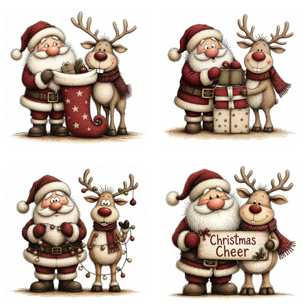 Burgundy Santa & Reindeer Christmas Clipart