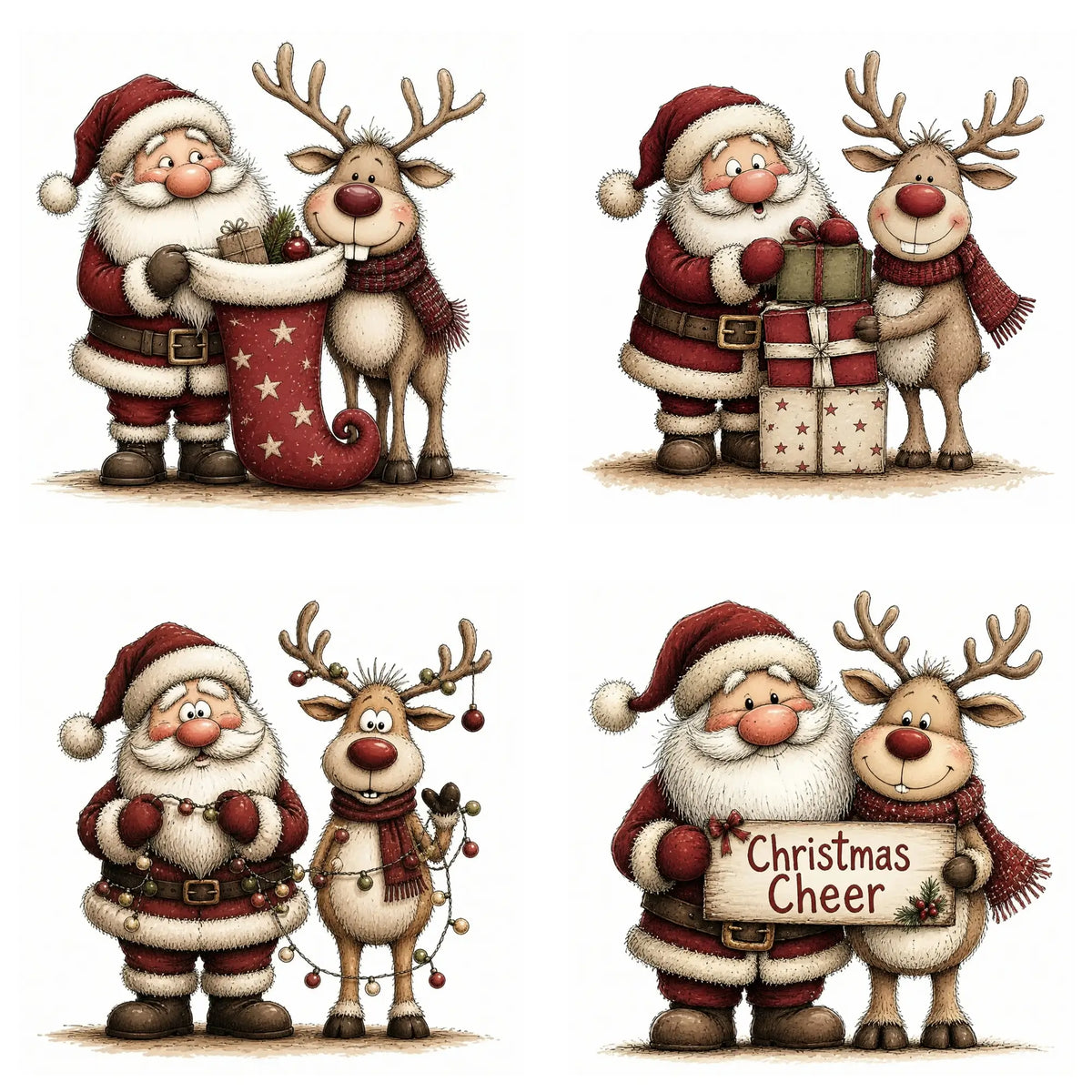 Burgundy Santa & Reindeer Christmas Clipart