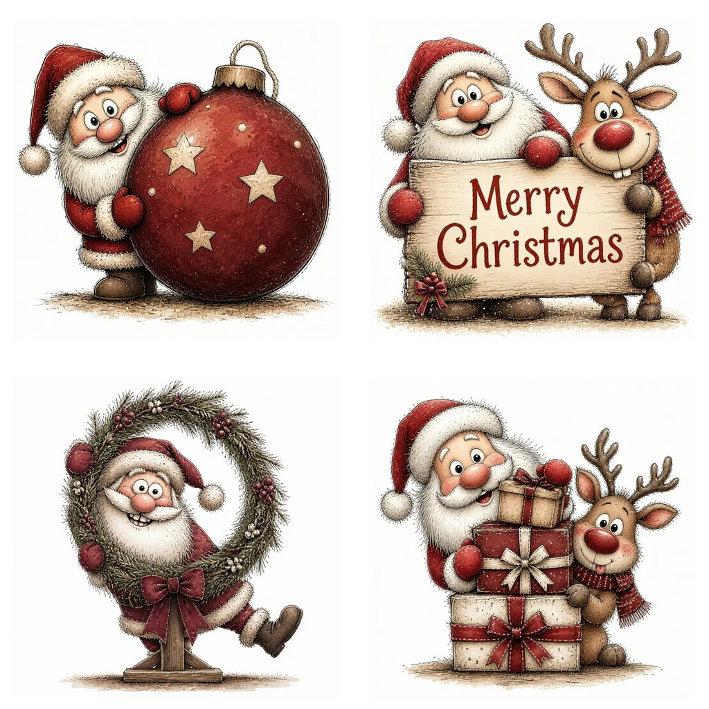 Burgundy Santa & Reindeer Peeking Christmas Clipart