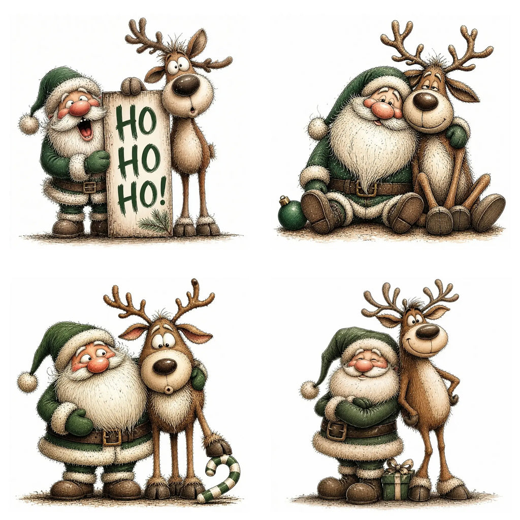 Green Santa & Reindeer Christmas Clipart