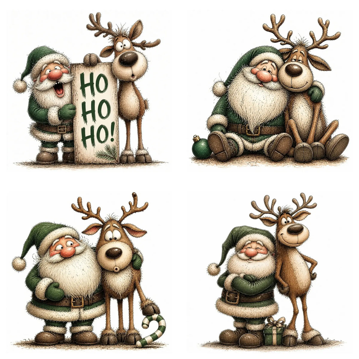 Green Santa & Reindeer Christmas Clipart
