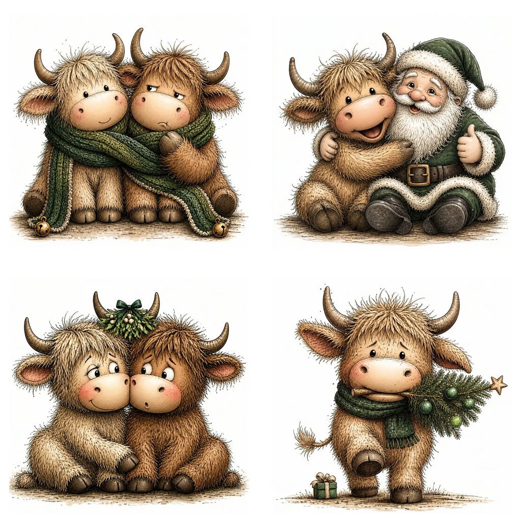 Green Christmas Highland Cow Clipart