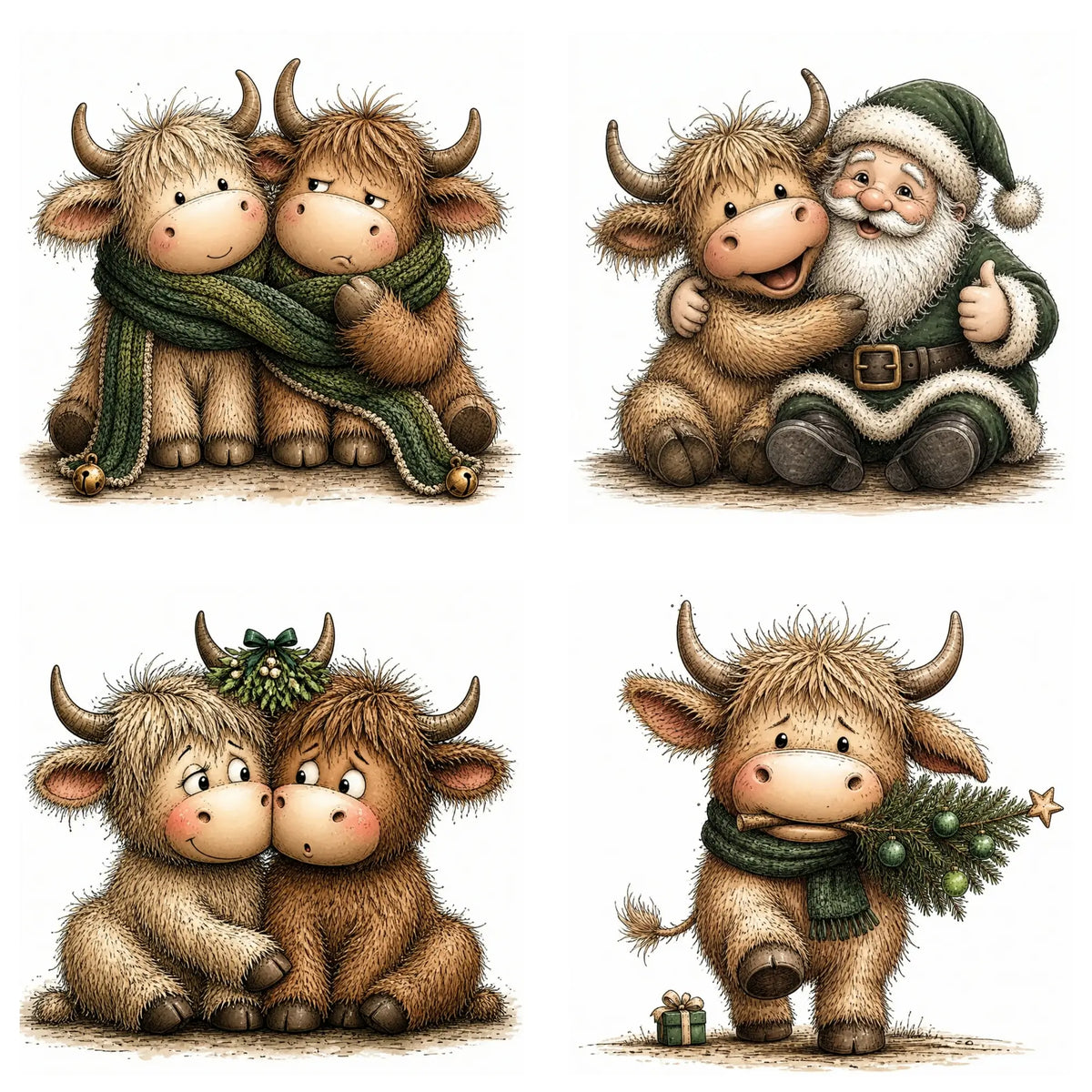 Green Christmas Highland Cow Clipart