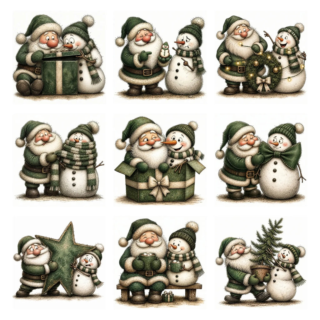 Green Santa & Snowman Christmas Clipart
