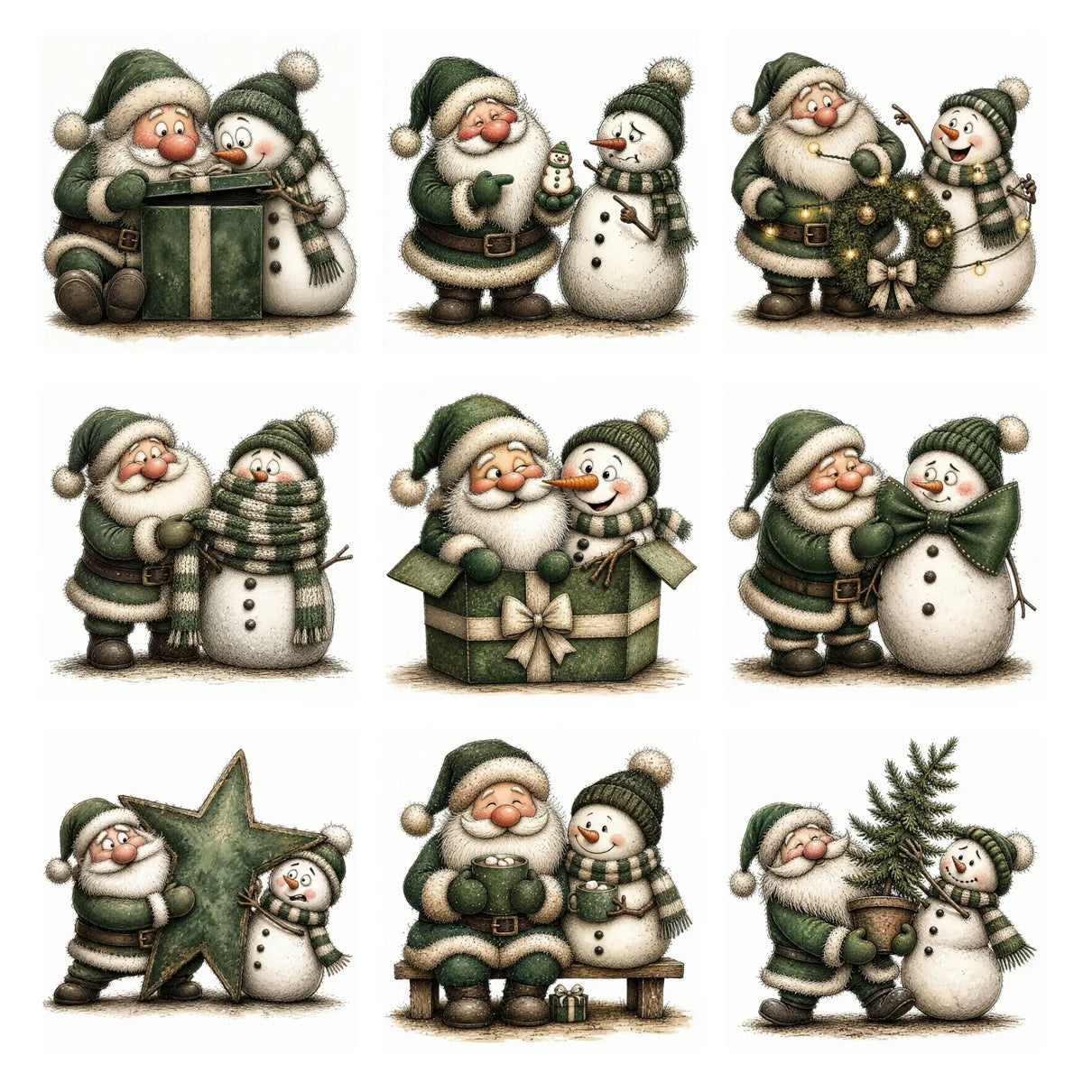 Green Santa & Snowman Christmas Clipart