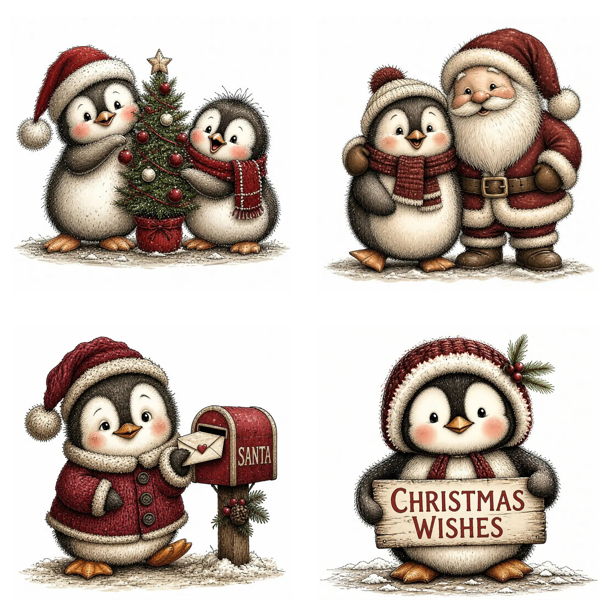 Burgundy Christmas Penguin Clipart