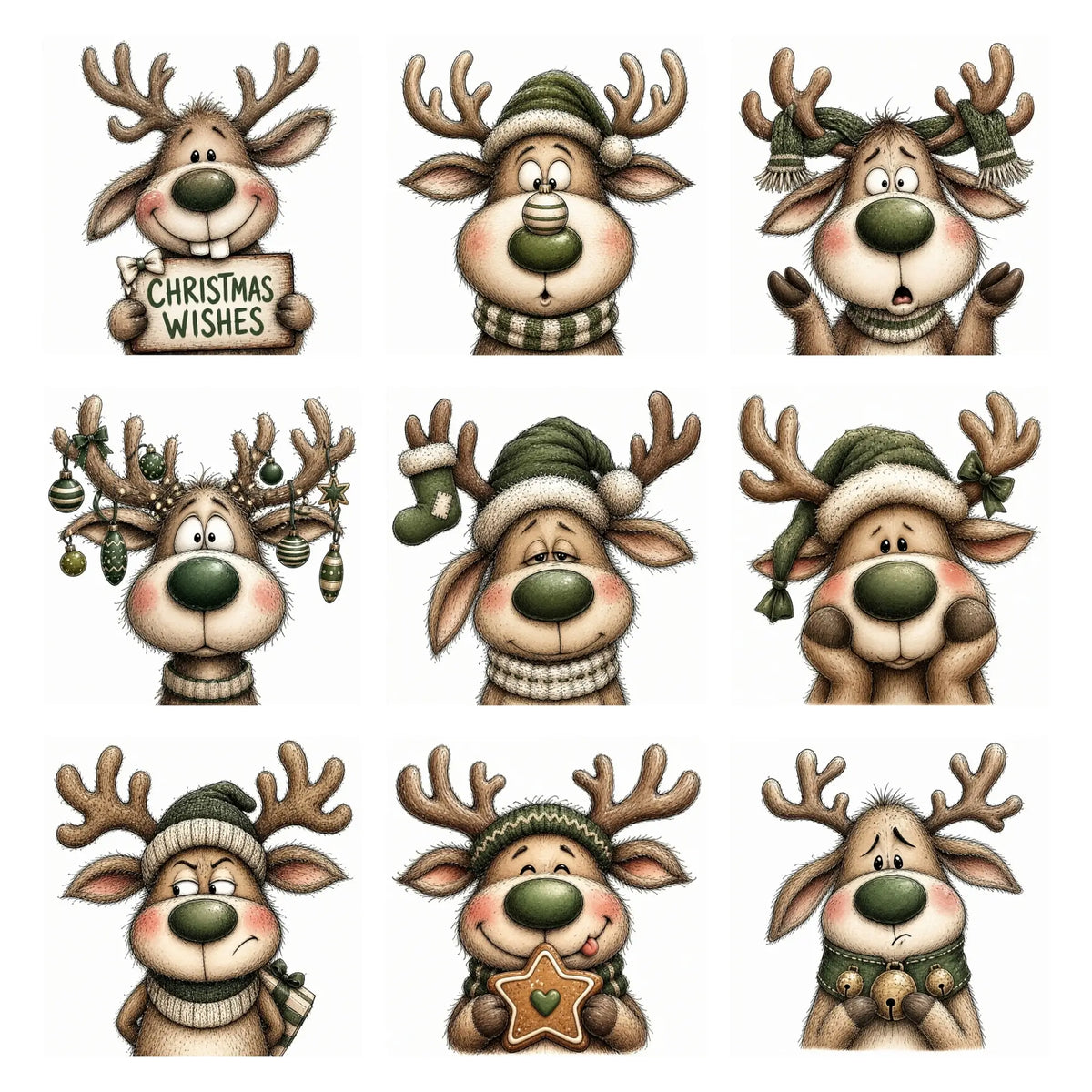 Green Christmas Reindeer Portrait Clipart