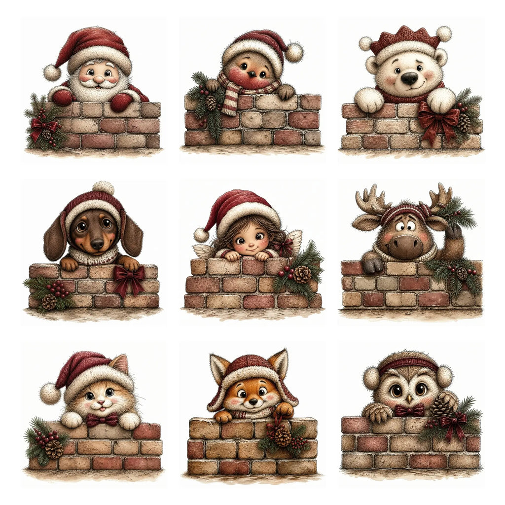 Whimsical watercolor burgundy Christmas peekers clipart bundle featuring cute holiday animals and festive characters in playful peeking poses with rich burgundy winter accessories and charming seasonal details in high-quality PNG and JPG formats, perfect for Christmas cards, invitations, stickers, scrapbooking, holiday crafts, and commercial digital designs.