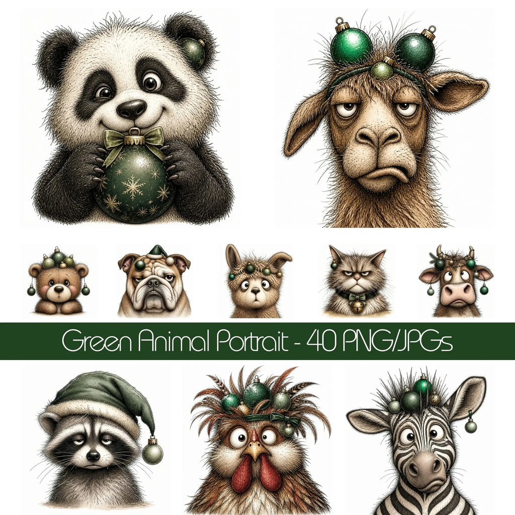 Green Christmas Animal Portrait Clipart