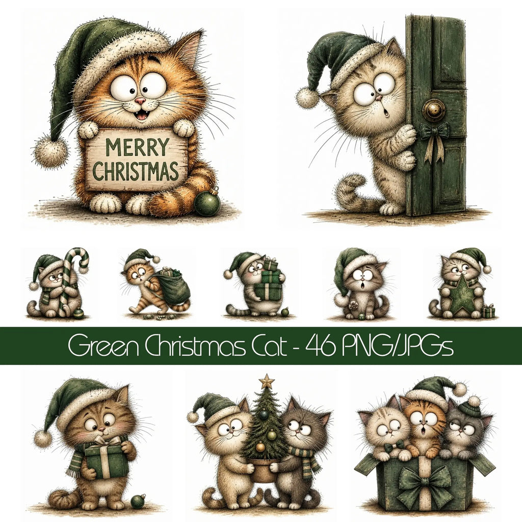 Green Christmas Cat Clipart