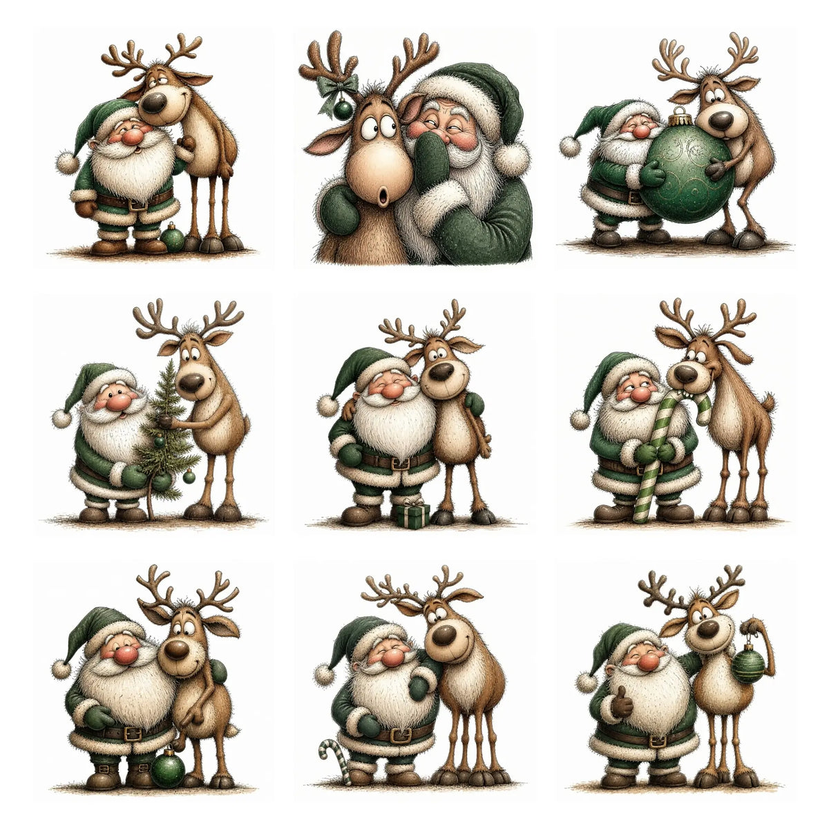 Green Santa & Reindeer Christmas Clipart