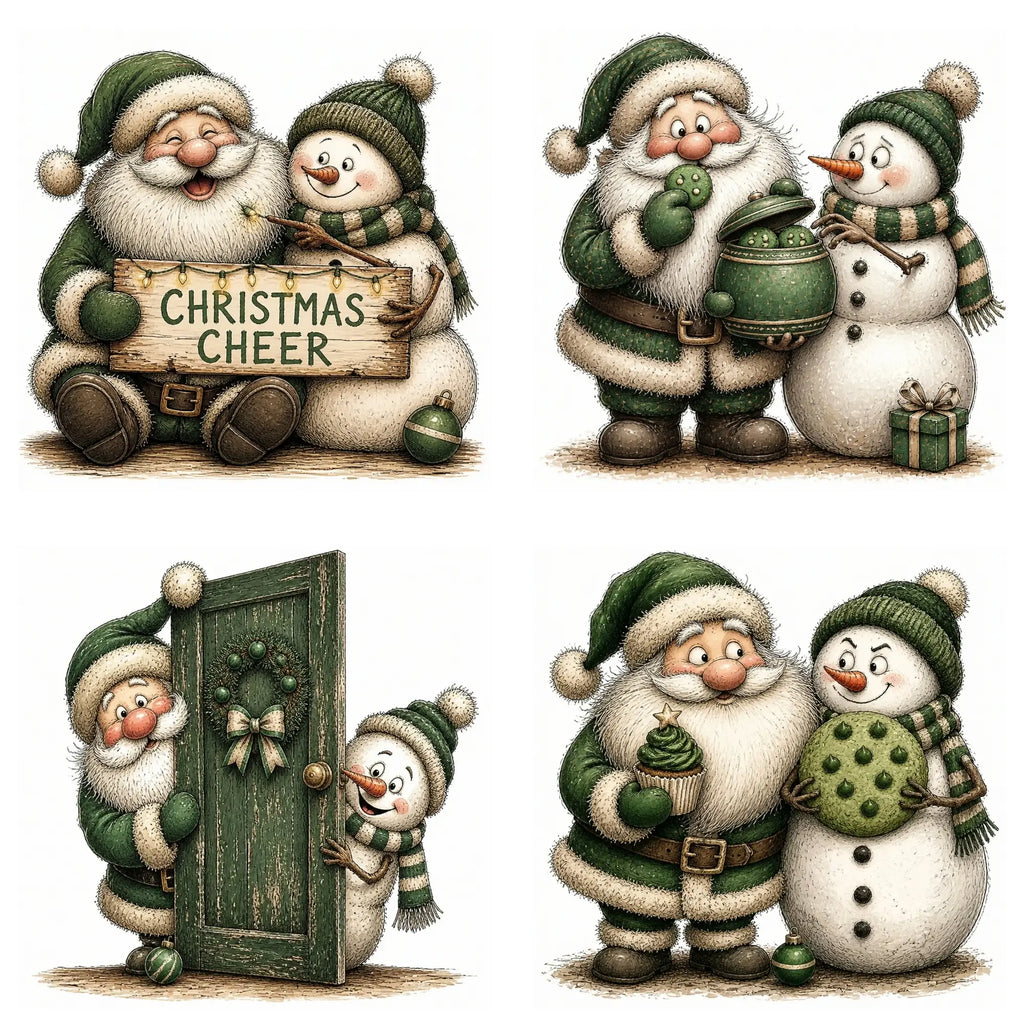 Green Santa & Snowman Christmas Clipart