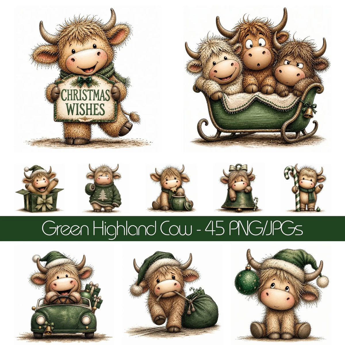 Green Christmas Highland Cow Clipart