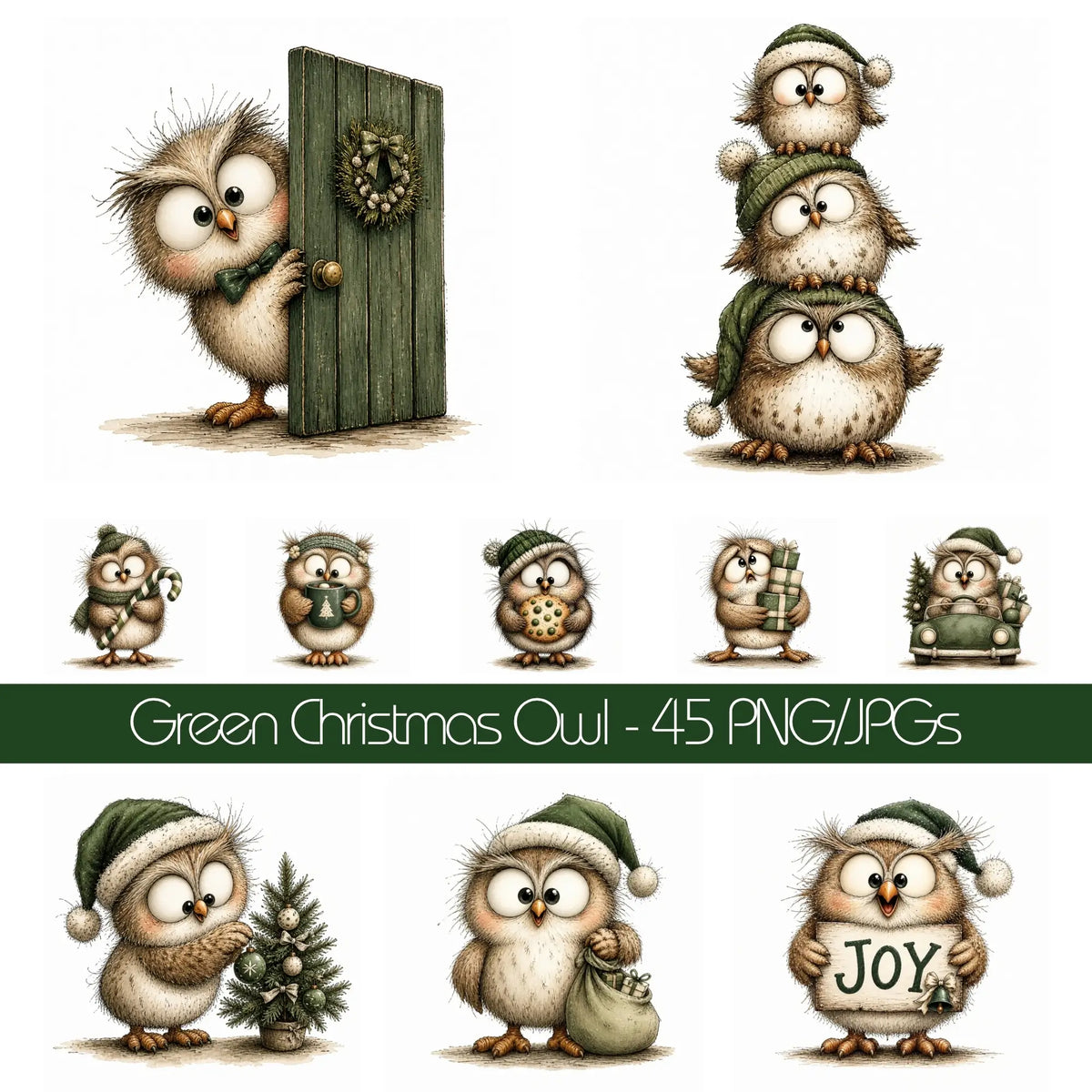 Green Christmas Owl Clipart