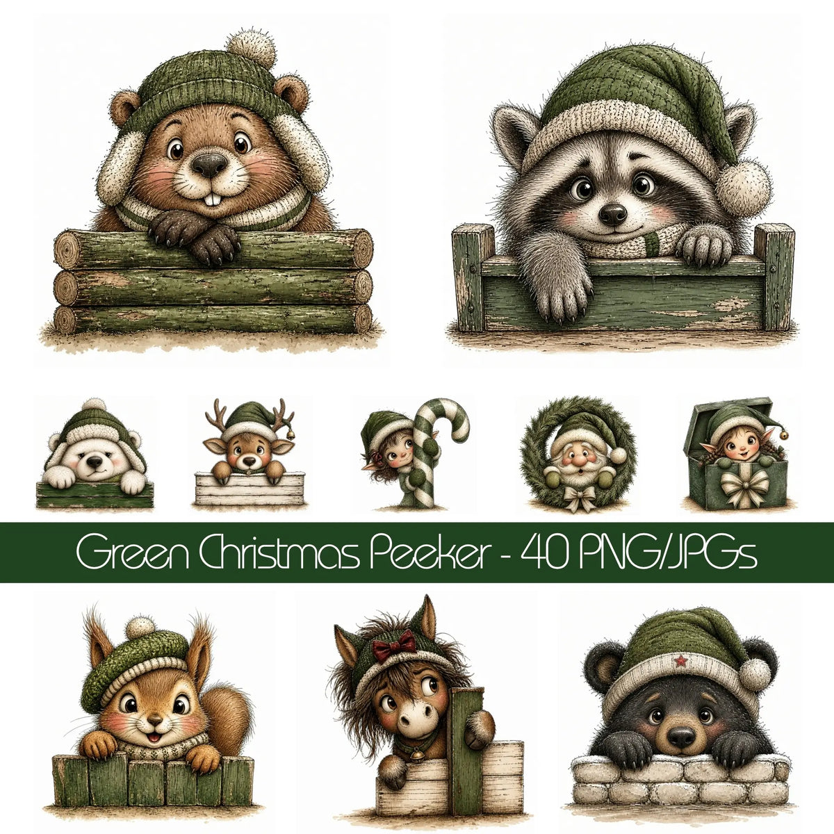 Green Christmas Peekers Clipart