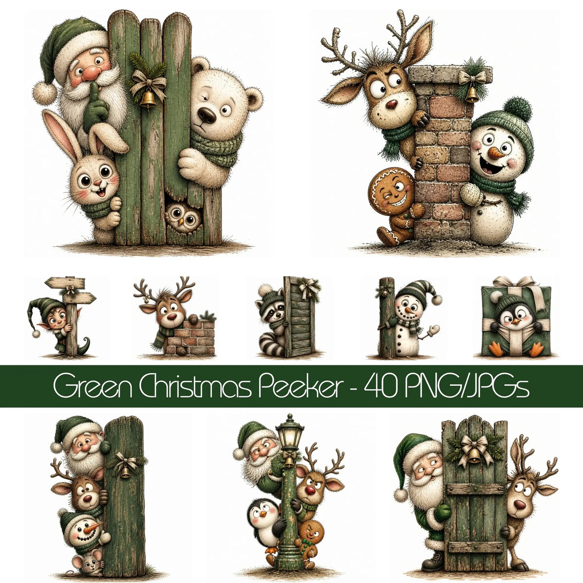 Green Christmas Peeking Animals & Characters Clipart