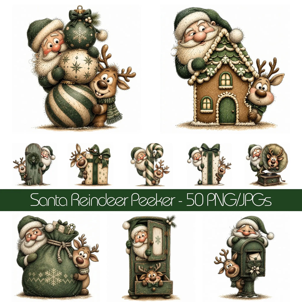 Green Santa & Reindeer Peeking Christmas Clipart