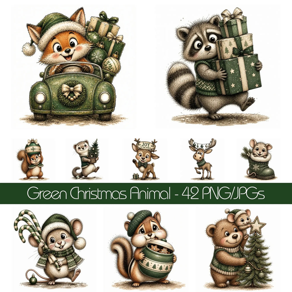 Green Christmas Woodland Animal Clipart