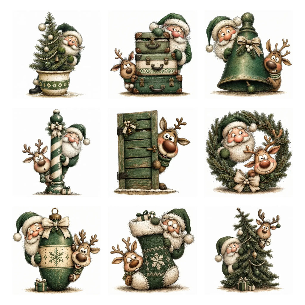Green Santa & Reindeer Peeking Christmas Clipart