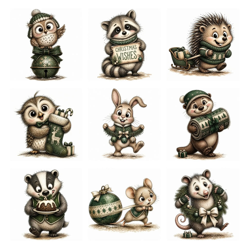 Green Christmas Woodland Animal Clipart
