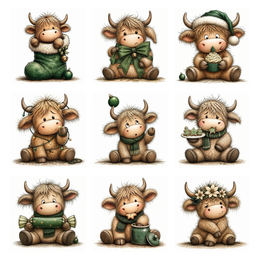 Green Christmas Highland Cow Clipart