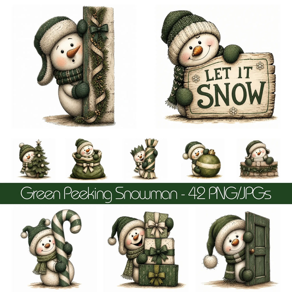 Green Peeking Snowman Christmas Clipart