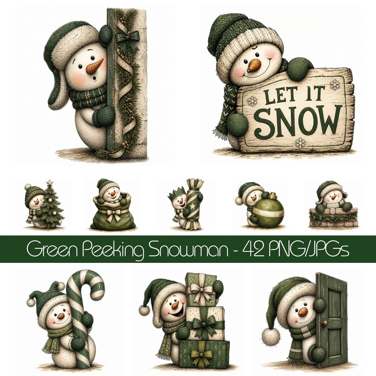 Green Peeking Snowman Christmas Clipart