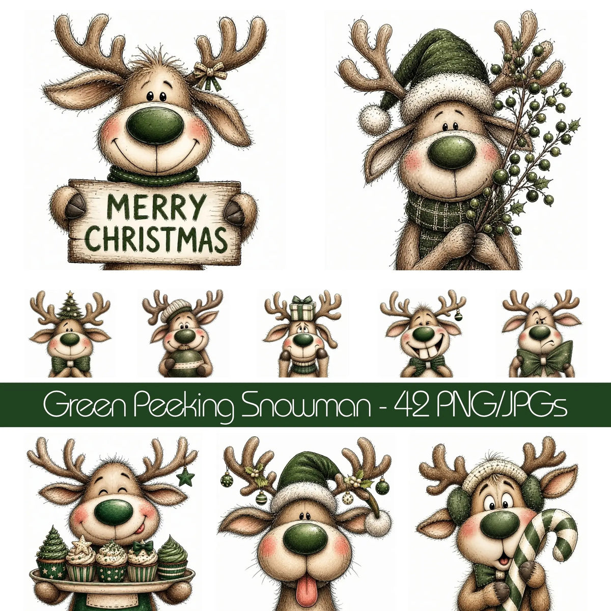 Green Christmas Reindeer Portrait Clipart