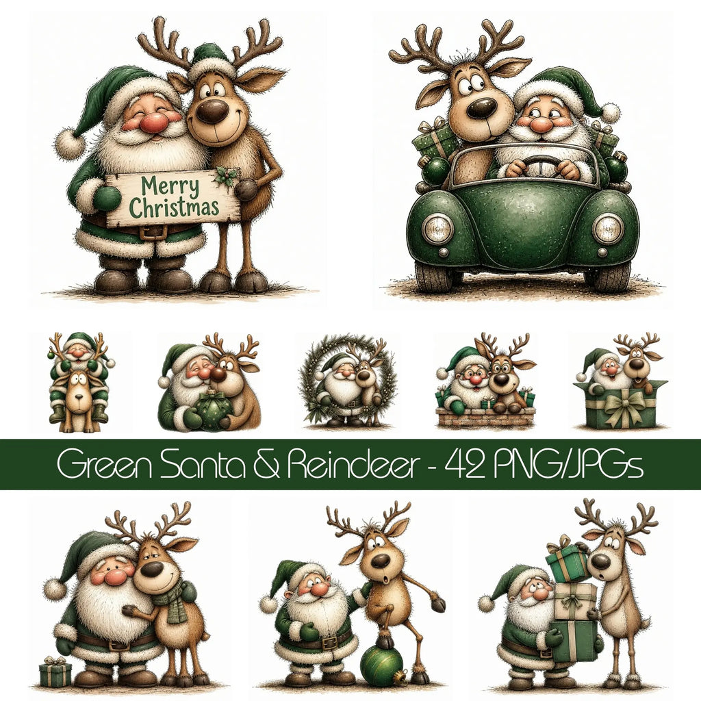 Green Santa & Reindeer Christmas Clipart