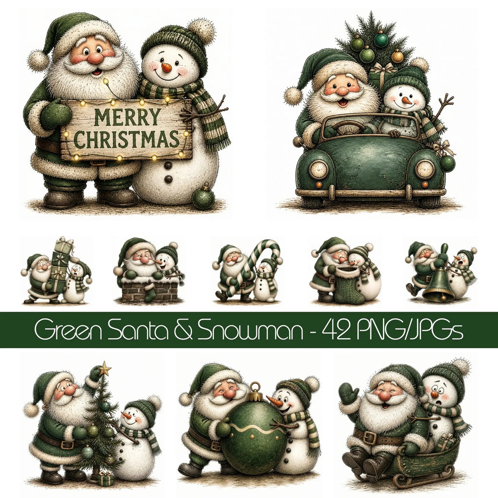 Green Santa & Snowman Christmas Clipart