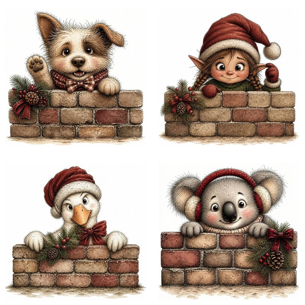 Whimsical watercolor burgundy Christmas peekers clipart bundle featuring cute holiday animals and festive characters in playful peeking poses with rich burgundy winter accessories and charming seasonal details in high-quality PNG and JPG formats, perfect for Christmas cards, invitations, stickers, scrapbooking, holiday crafts, and commercial digital designs.