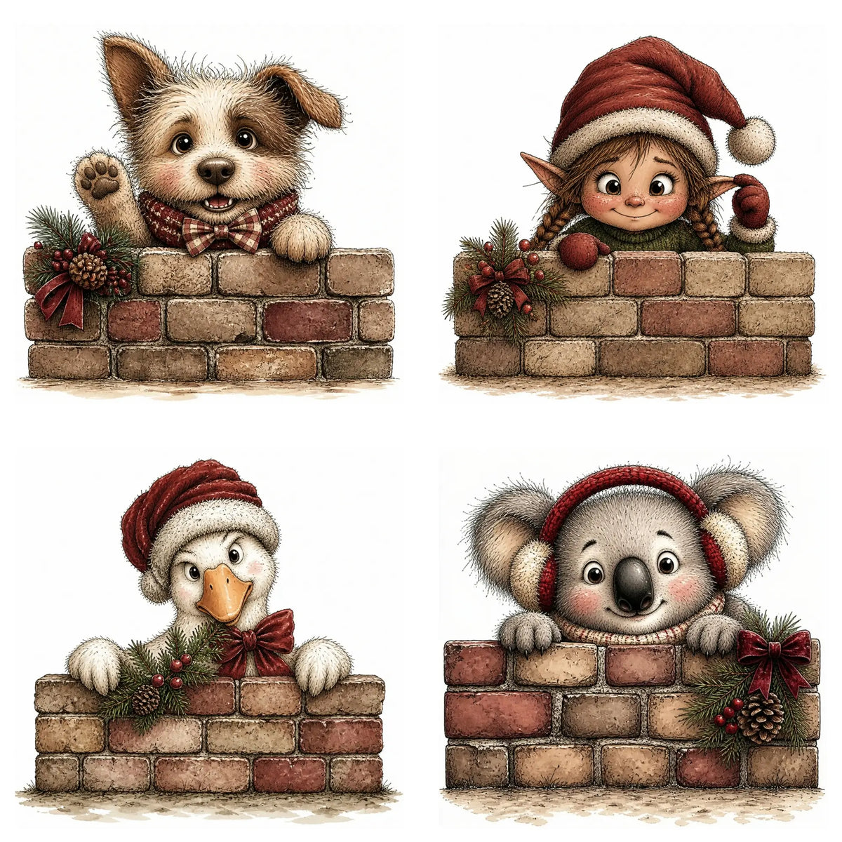 Whimsical watercolor burgundy Christmas peekers clipart bundle featuring cute holiday animals and festive characters in playful peeking poses with rich burgundy winter accessories and charming seasonal details in high-quality PNG and JPG formats, perfect for Christmas cards, invitations, stickers, scrapbooking, holiday crafts, and commercial digital designs.