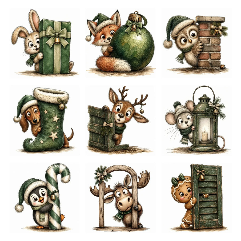 Green Christmas Peeking Animals & Characters Clipart