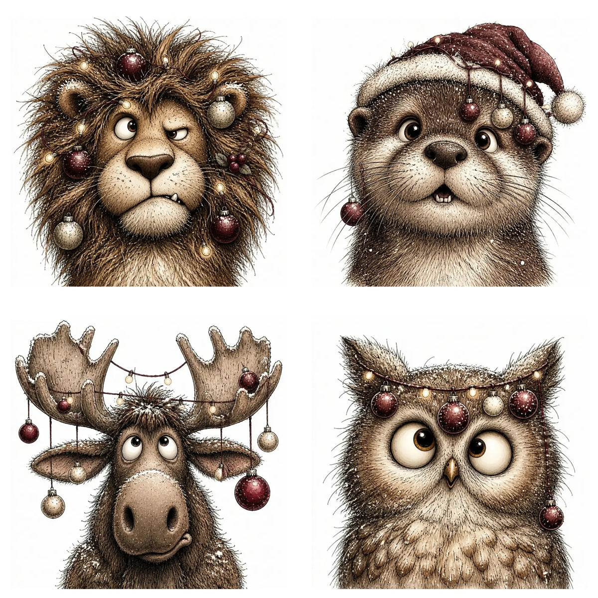 Burgundy Christmas Animal Portrait Clipart