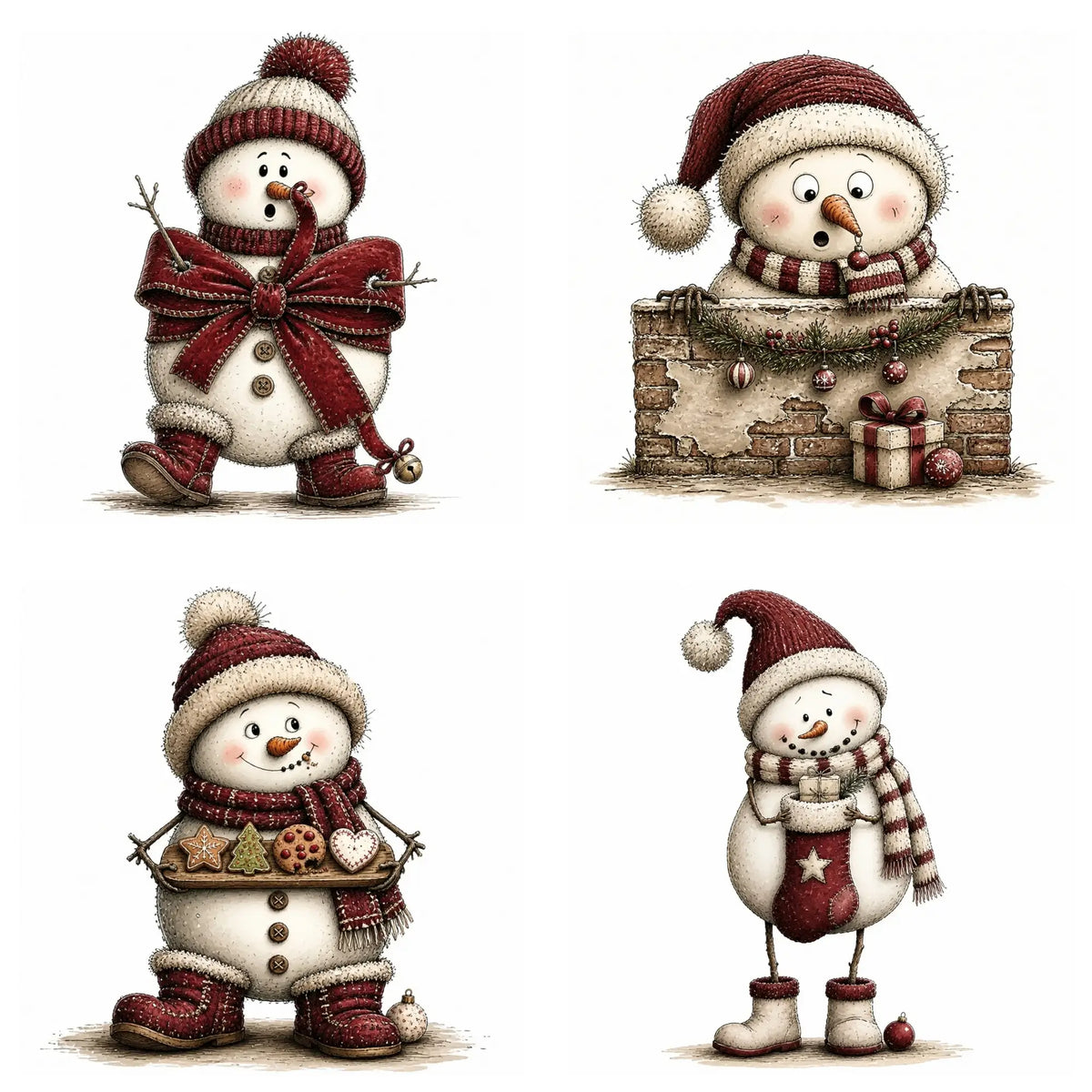 Burgundy Christmas Snowman Clipart
