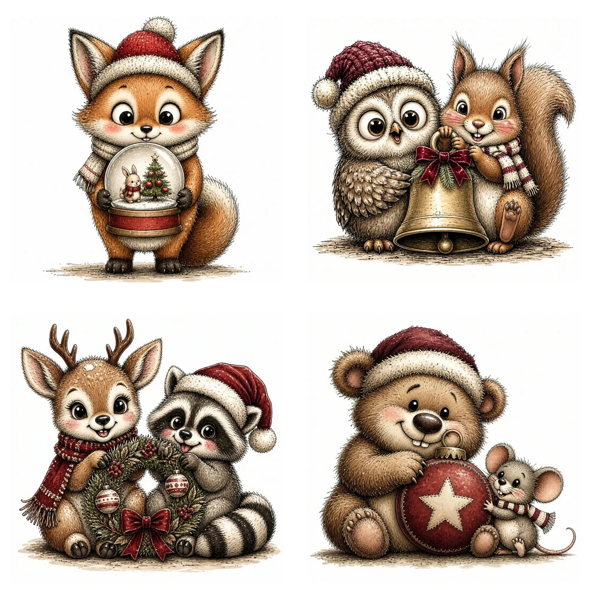 Burgundy Woodland Christmas Animal Clipart