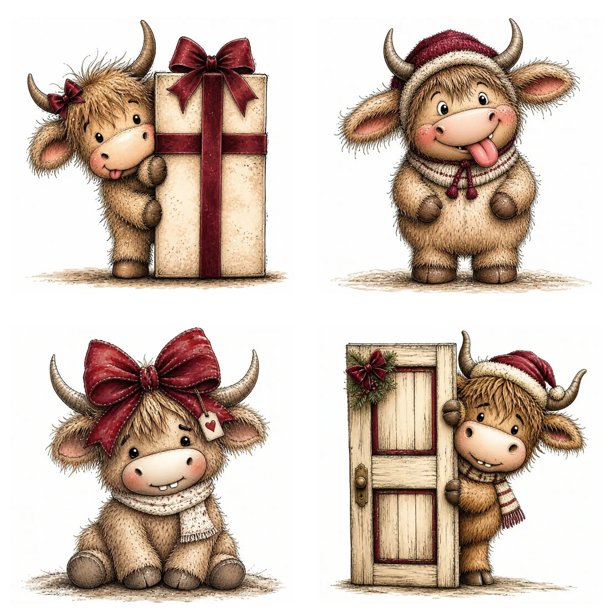 Burgundy Christmas Highland Cow Clipart