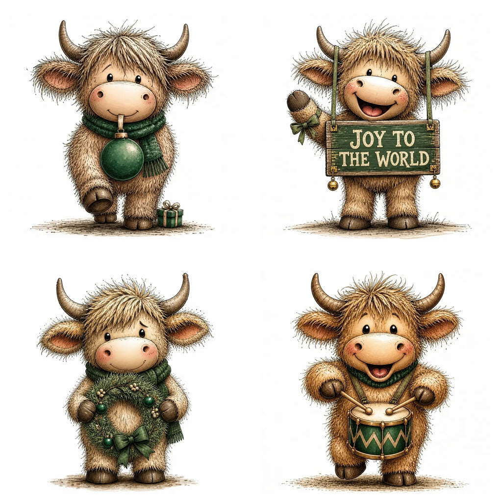 Green Christmas Highland Cow Clipart