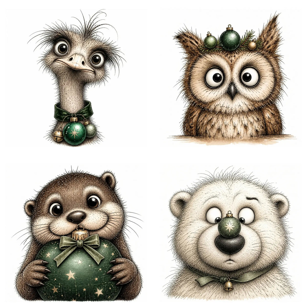 Green Christmas Animal Portrait Clipart