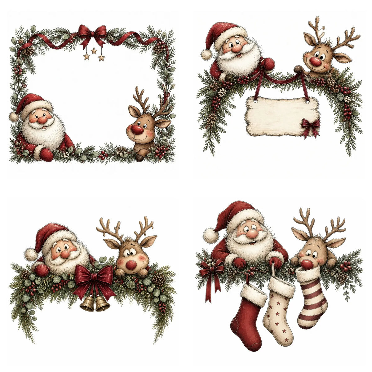 Burgundy Santa & Reindeer Christmas Frames & Wreaths Clipart