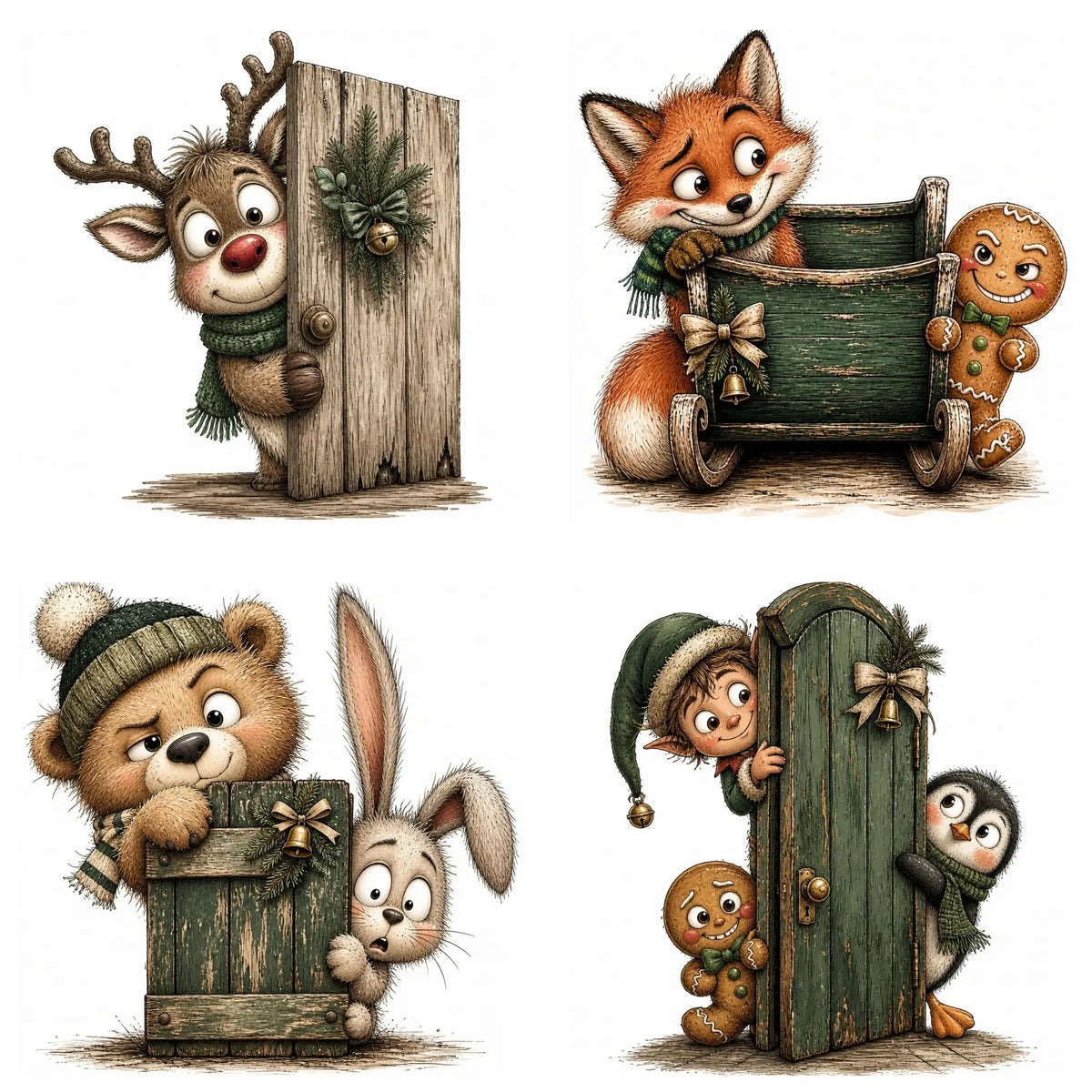 Green Christmas Peeking Animals & Characters Clipart