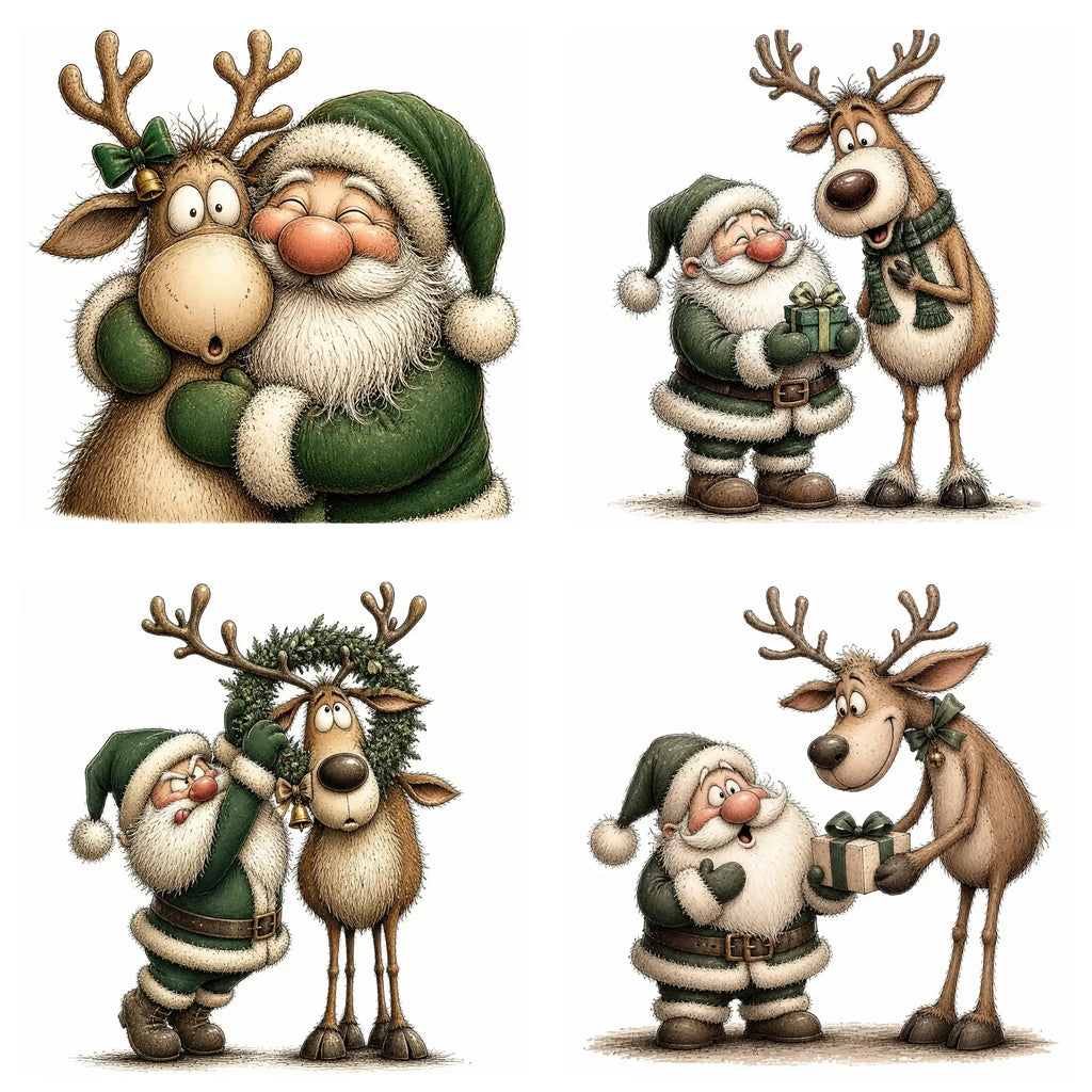 Green Santa & Reindeer Christmas Clipart