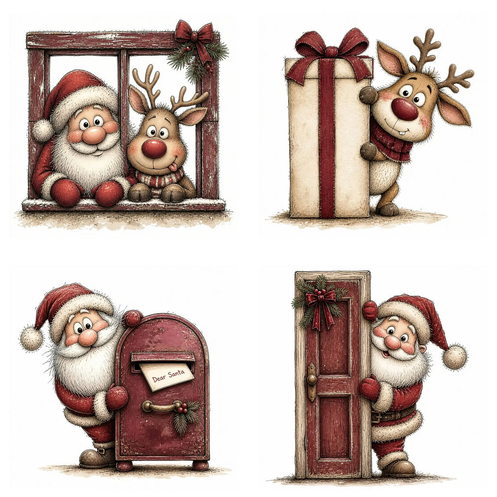 Burgundy Santa & Reindeer Peeking Christmas Clipart